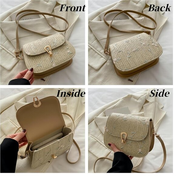 Women Small Embroidered Crossbody Braided Straw Bag Khaki Lightweight - Picture 4 of 7